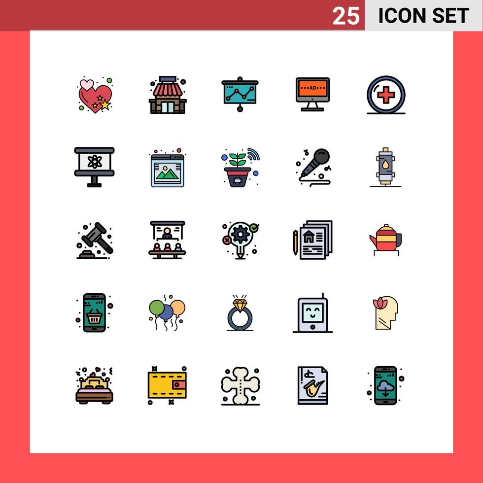 25 Universal Filled line Flat Colors Set for Web and Mobile Applications hospital lcd presentation screen ad Editable Vector Design Elements