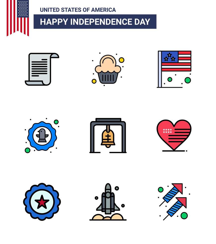 Modern Set of 9 Flat Filled Lines and symbols on USA Independence Day such as alert eagle day celebration american Editable USA Day Vector Design Elements