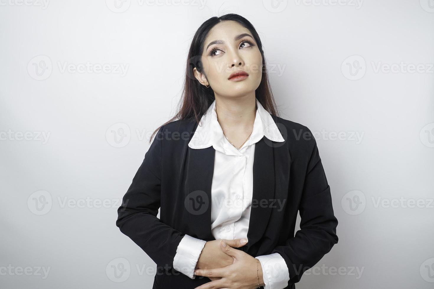 Photo of hungry excited young woman wondering about yummy food isolated on white color background