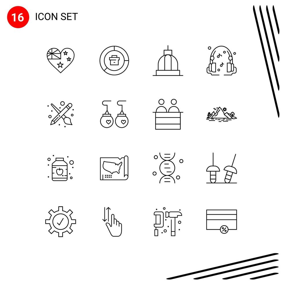 Universal Icon Symbols Group of 16 Modern Outlines of brush music report headphones capitol Editable Vector Design Elements