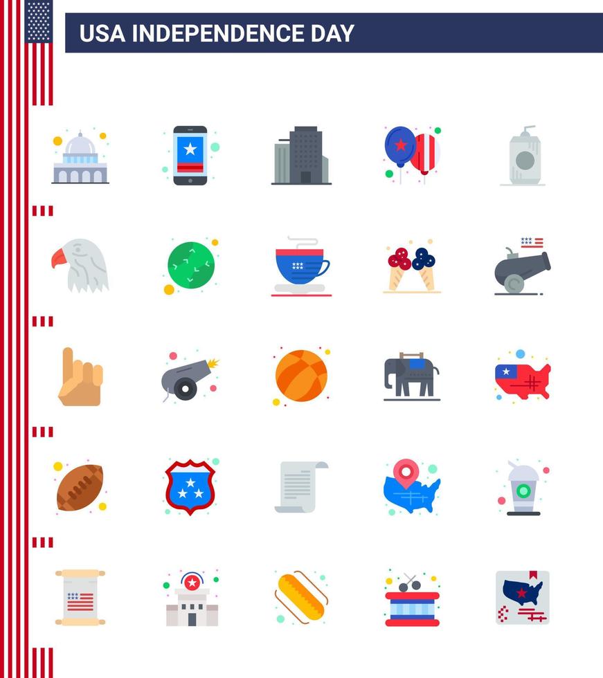 Big Pack of 25 USA Happy Independence Day USA Vector Flats and Editable Symbols of cola party phone day balloons Editable USA Day Vector Design Elements