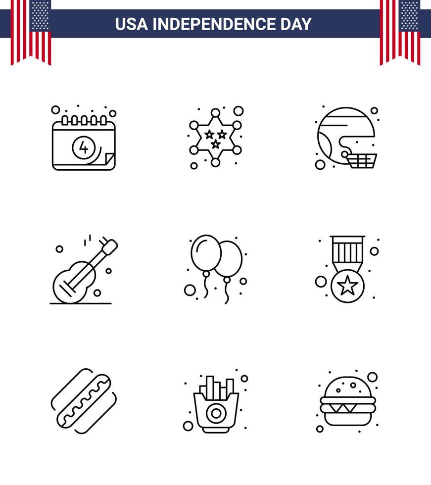 Happy Independence Day 4th July Set of 9 Lines American Pictograph of american music american guiter state Editable USA Day Vector Design Elements