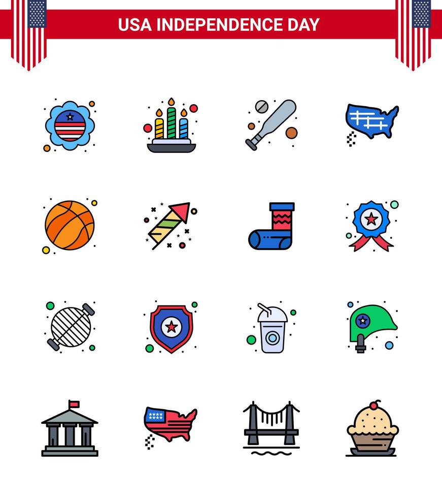 Modern Set of 16 Flat Filled Lines and symbols on USA Independence Day such as usa ball bat american united Editable USA Day Vector Design Elements