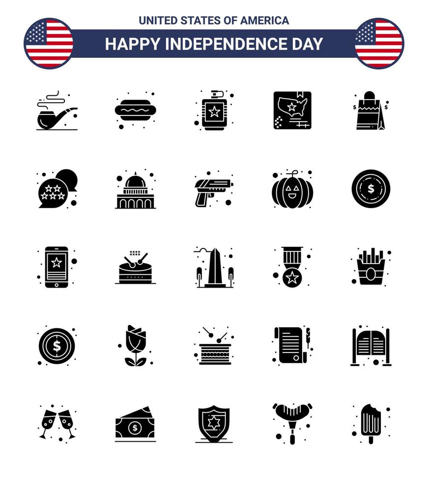 USA Independence Day Solid Glyph Set of 25 USA Pictograms of handbag world drink map american Editable USA Day Vector Design Elements