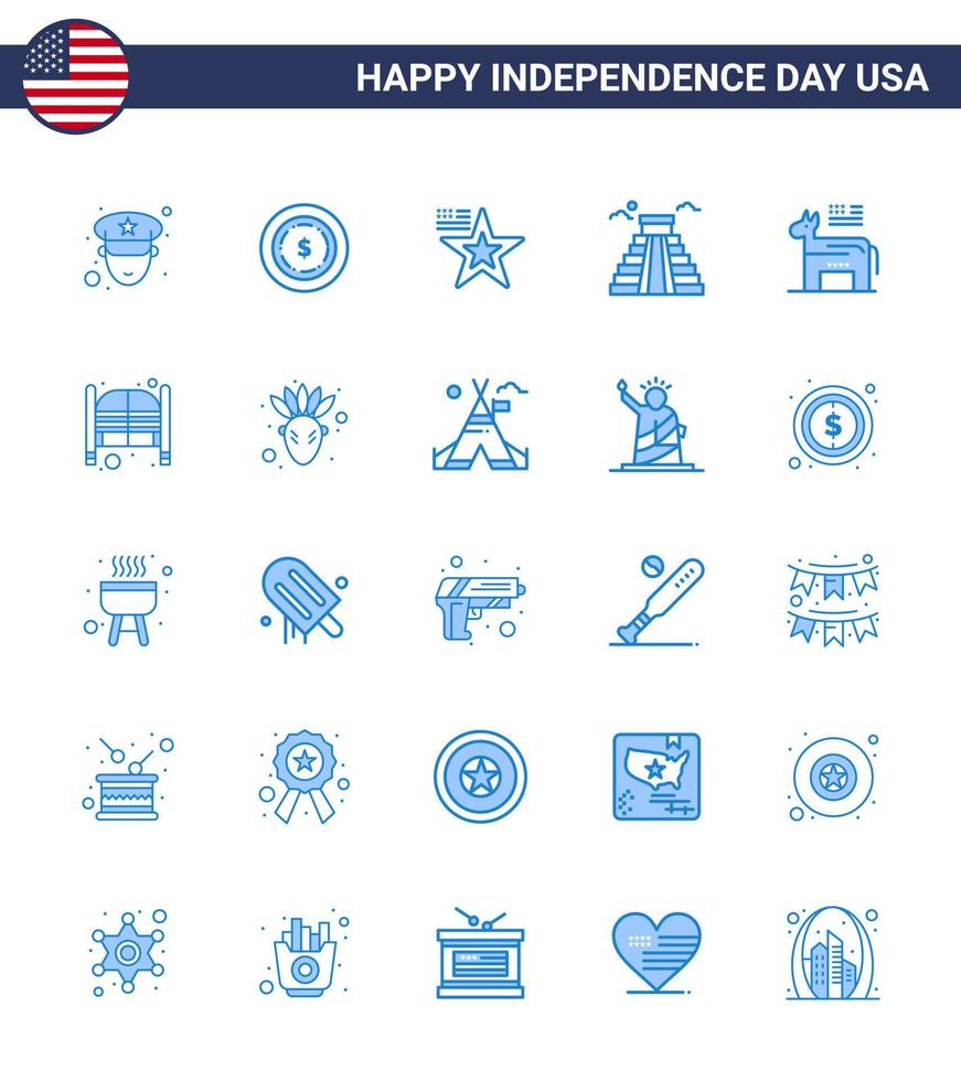 Group of 25 Blues Set for Independence day of United States of America such as symbol american flag donkey american Editable USA Day Vector Design Elements