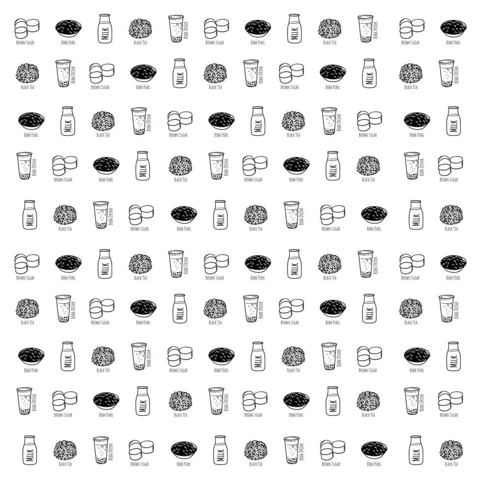 Bubble tea print in pattern background with ingredient of bubble tea line art design vector