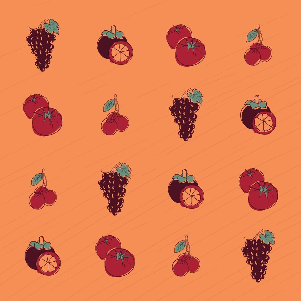 fondo de patrón de impresión con uvas, mangostán, tomate y bayas en diseño plano vector