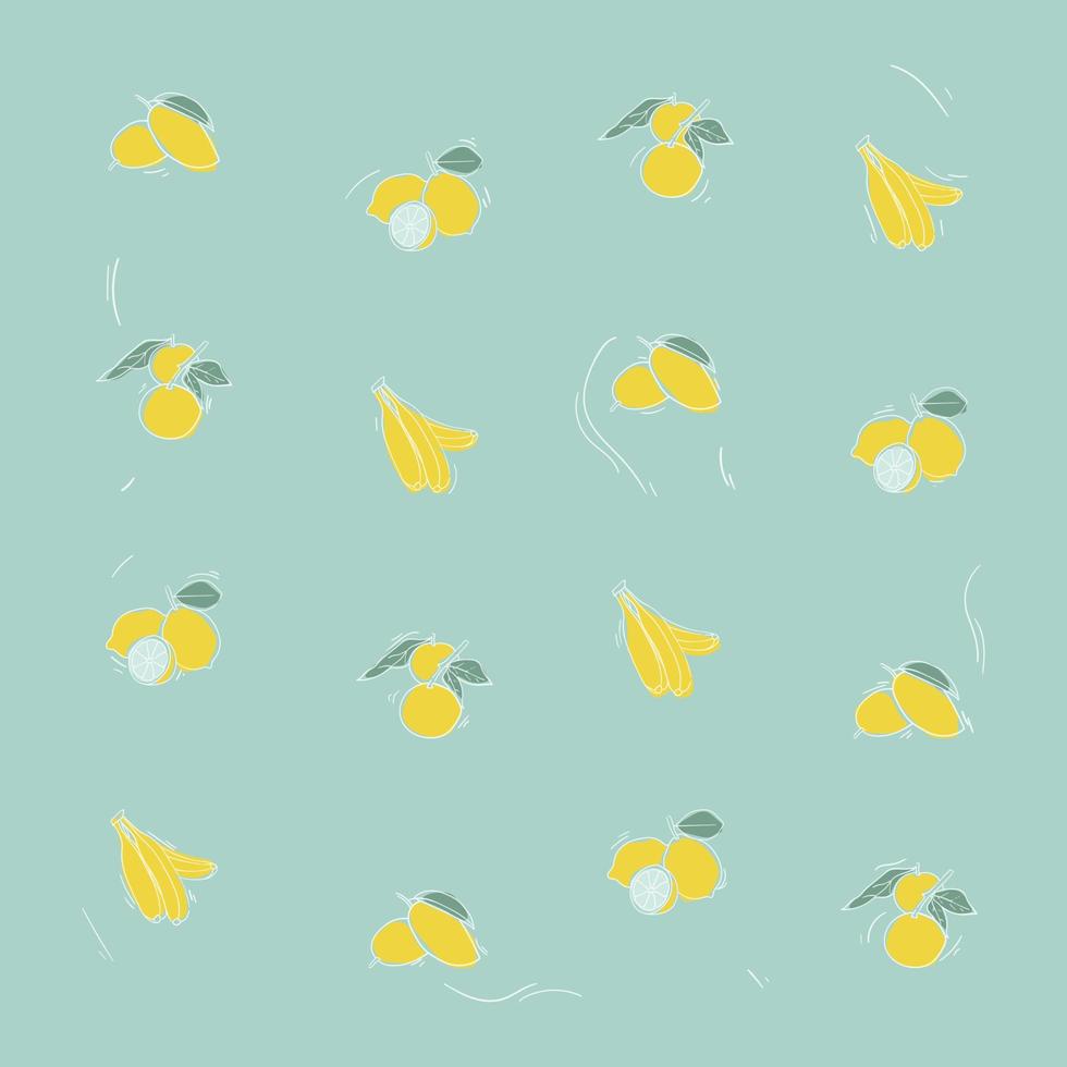 fondo de estampado de frutas en diseño plano con plátano, naranja, lima y mango vector