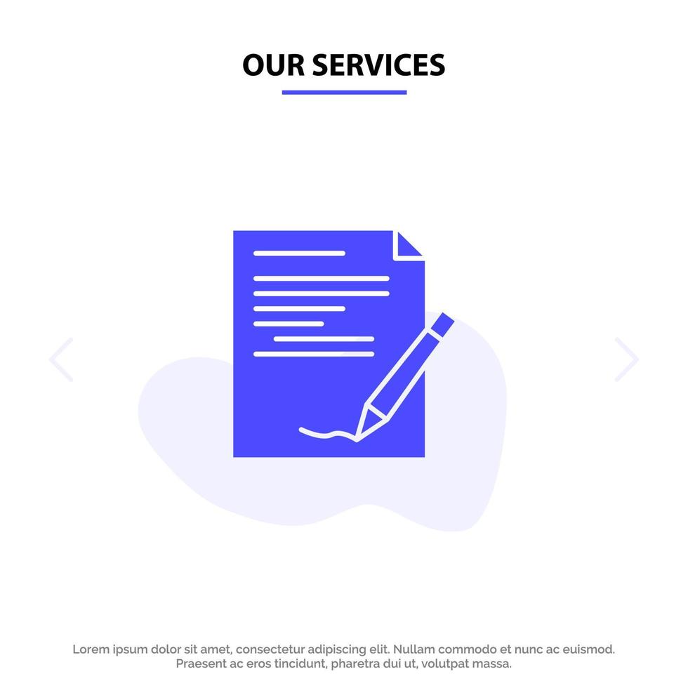 Our Services Agreement Paper Document Note Report Solid Glyph Icon Web card Template vector