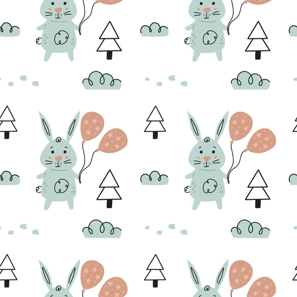 Cute rabbit in a winter forest seamless pattern. Doodle bunny Paper Baby Shower Scandinavian wallpaper background. Textile fabric design for kids vector