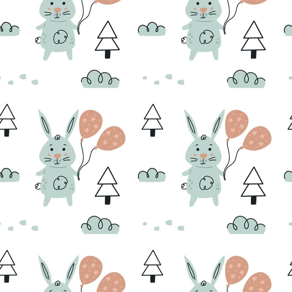 Cute rabbit in a winter forest seamless pattern. Doodle bunny Paper Baby Shower Scandinavian wallpaper background. Textile fabric design for kids vector