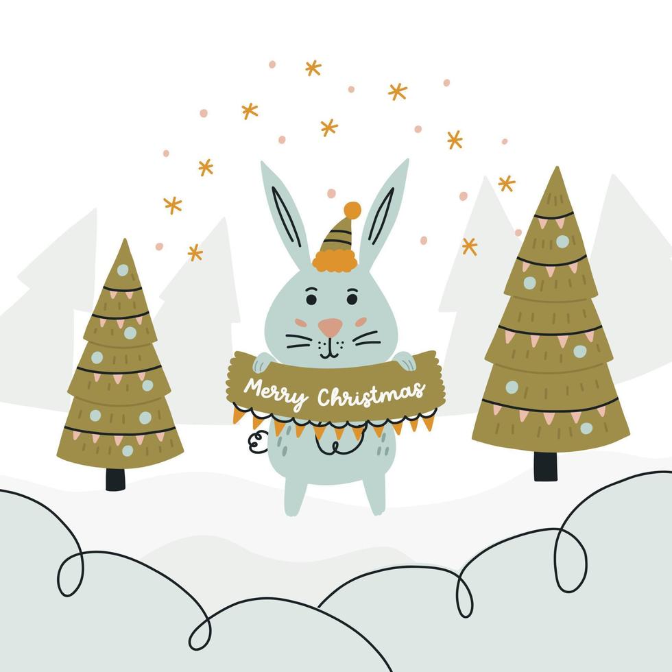 conejo con signo celebración feliz navidad. doodle conejito en el bosque con árboles de invierno. dibujado a mano ilustración vectorial lindo vector