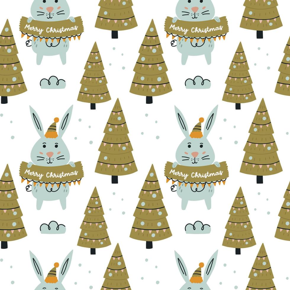 Greeting rabbit with Christmas trees pattern vector
