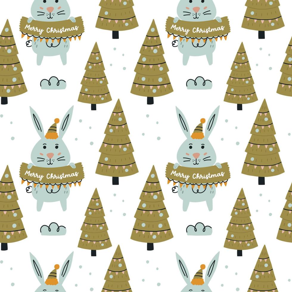 Greeting rabbit with Christmas trees pattern vector