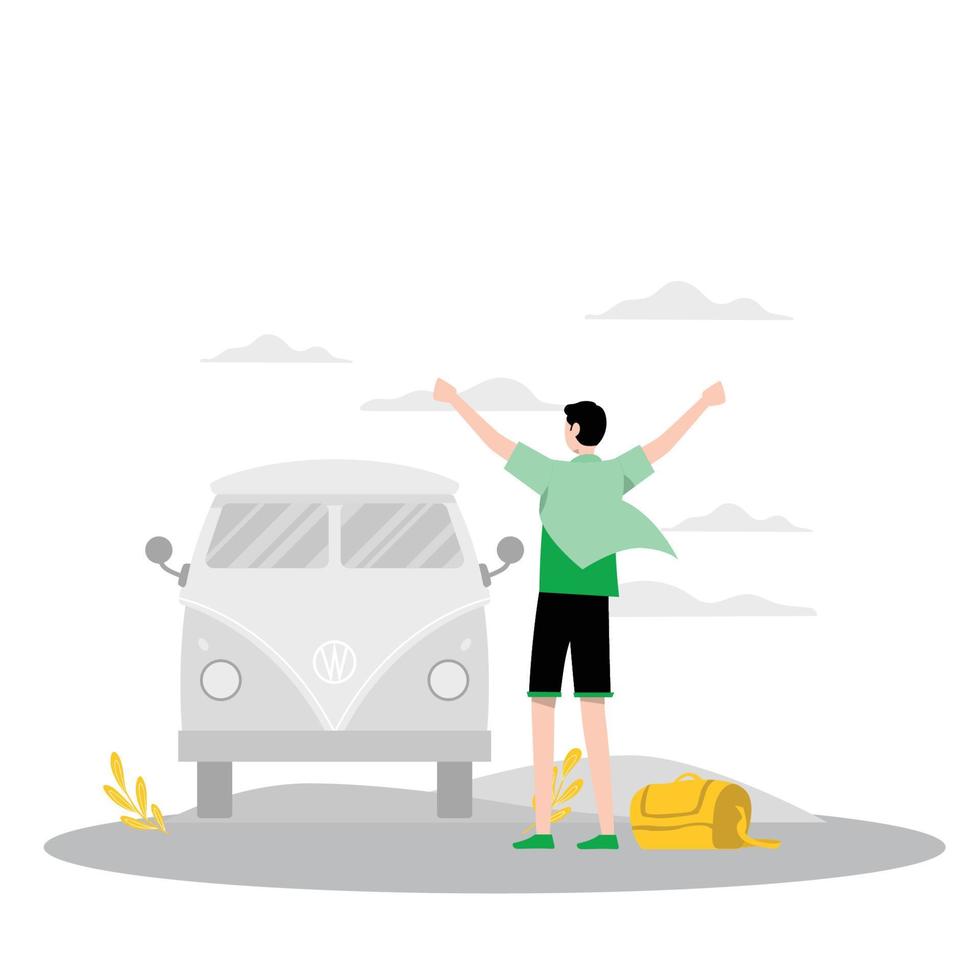 Boy going camping in campervan vector
