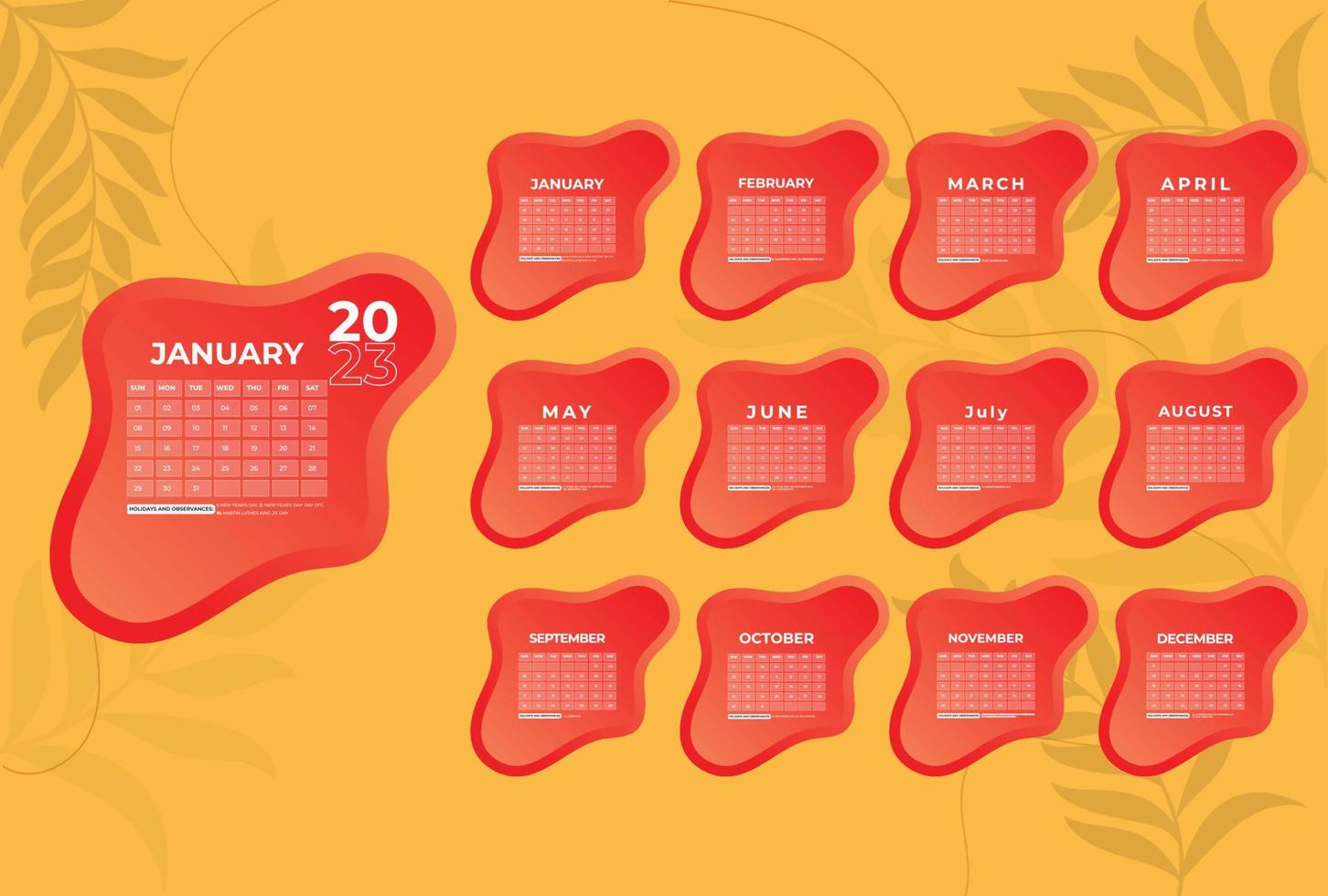 feliz año nuevo 2023 plantilla de calendario mensual. semana comienza el domingo. calendario de pared de estilo minimalista. plantilla de papelería de diseño vectorial. color de estilo plano. vector