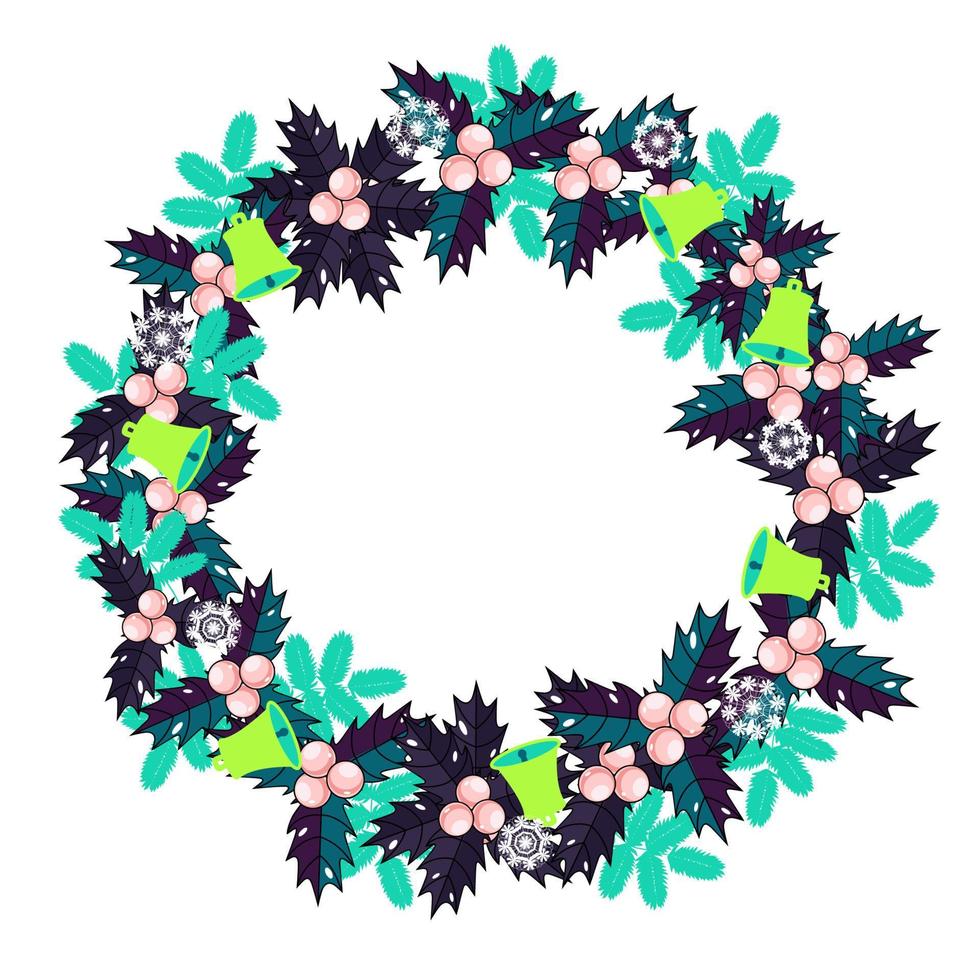 Holiday decoration wreath with holly berries, spruce branches, and bells vector illustration
