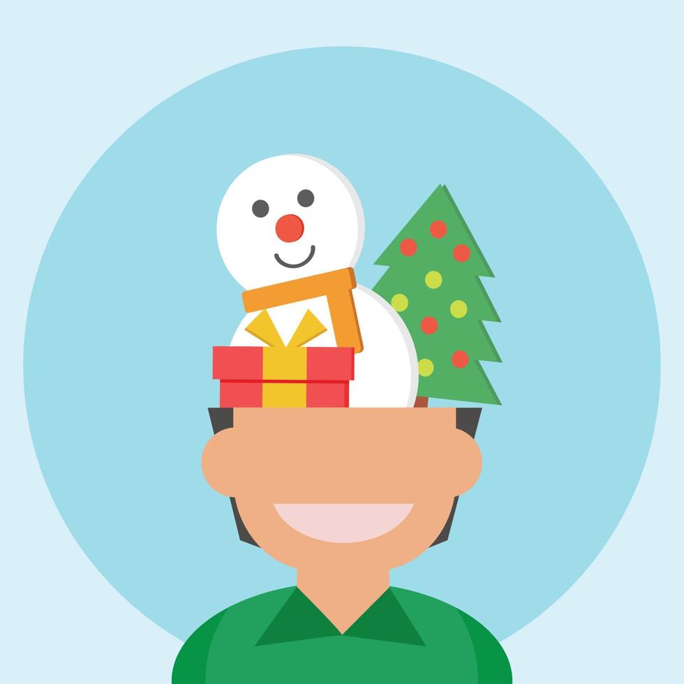 vector hombre o niño piensa, se pierda el día de navidad árbol de navidad muñeco de nieve, caja de regalo en la cabeza. ilustración vectorial del concepto de venta de fondo del día de navidad. uso para el festival del día x mas, venta de regalos de invierno.