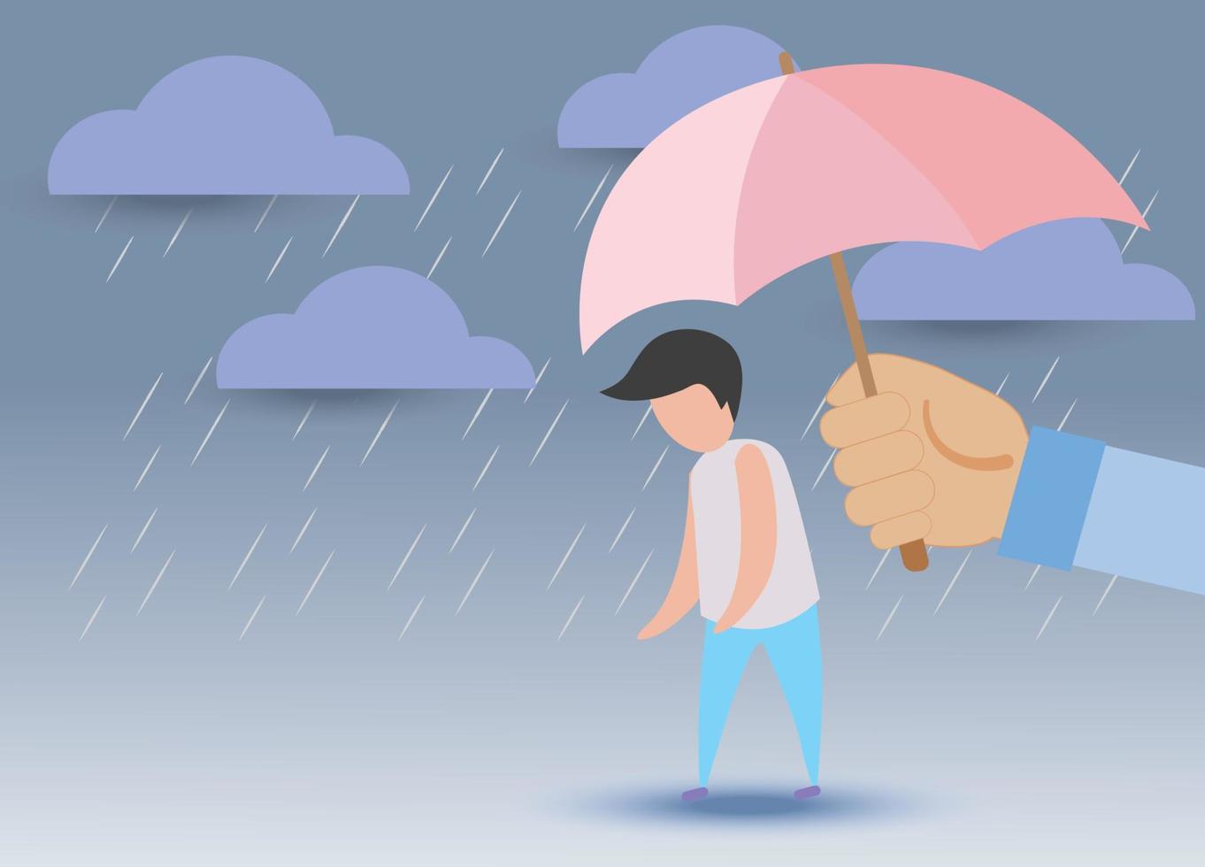 el hombre solitario, triste y deprimido tiene ayuda para protegerse con la mano grande, use un paraguas para protegerse de la lluvia y el strom. vector