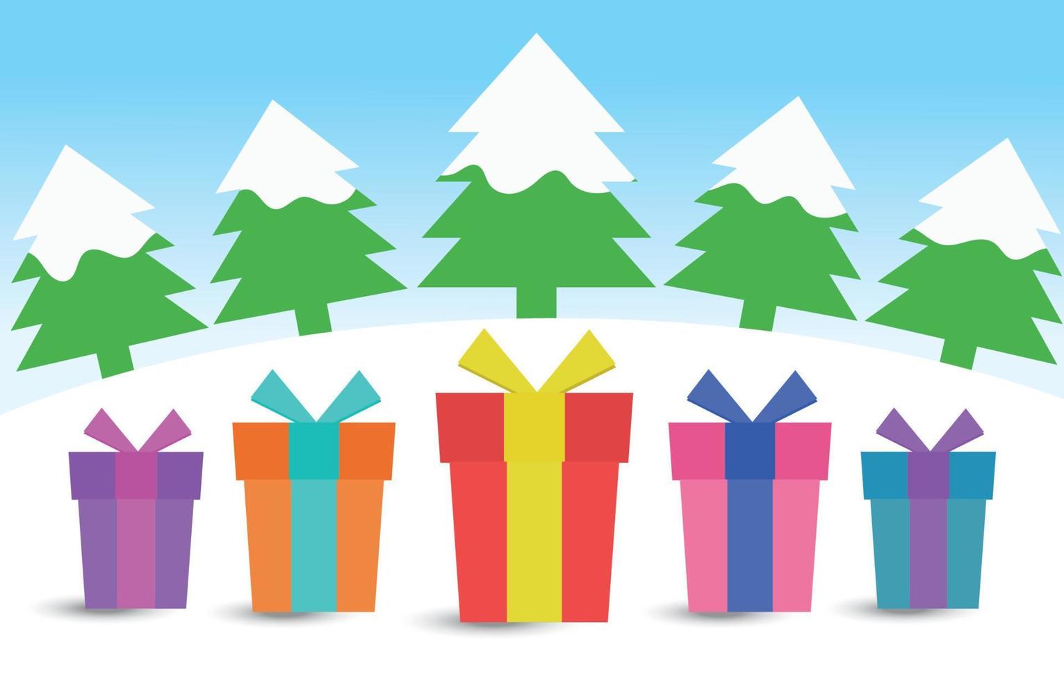 vector de fondo de navidad grupo de muchas cajas de regalo y árboles de navidad en invierno de nieve.