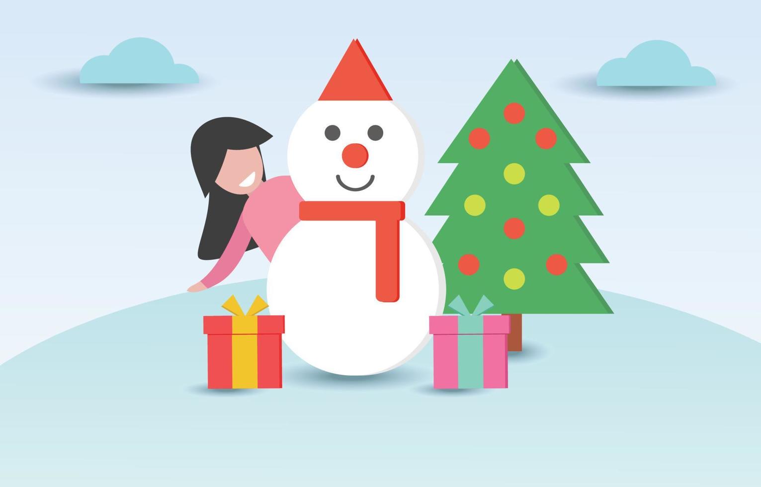 Vector christmas day festival with girl or woman behind snow man , christmas tree and giftbox.Illustration vector of snowman christmas day background sale.Use for X mas day festival ,winter gift sale.