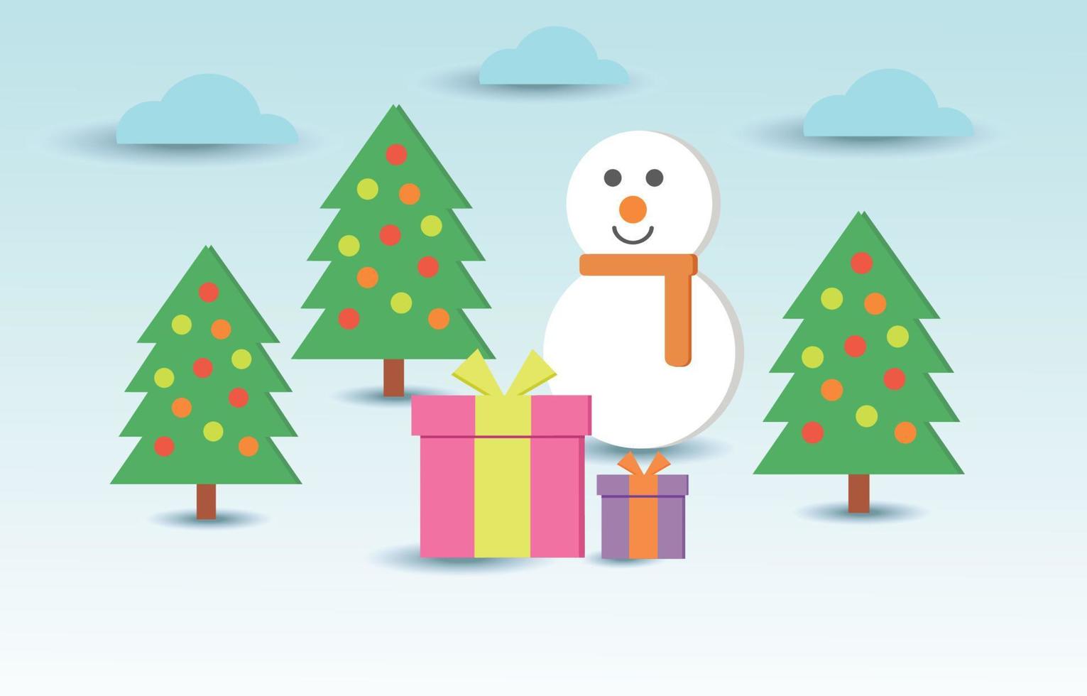 vector de grupo de fondo de navidad de caja de regalo, hombre de nieve y árbol de navidad en invierno de nieve. ilustración vector de concepto de venta de fondo de día de navidad. uso para el festival de x mas, venta de regalos de invierno.