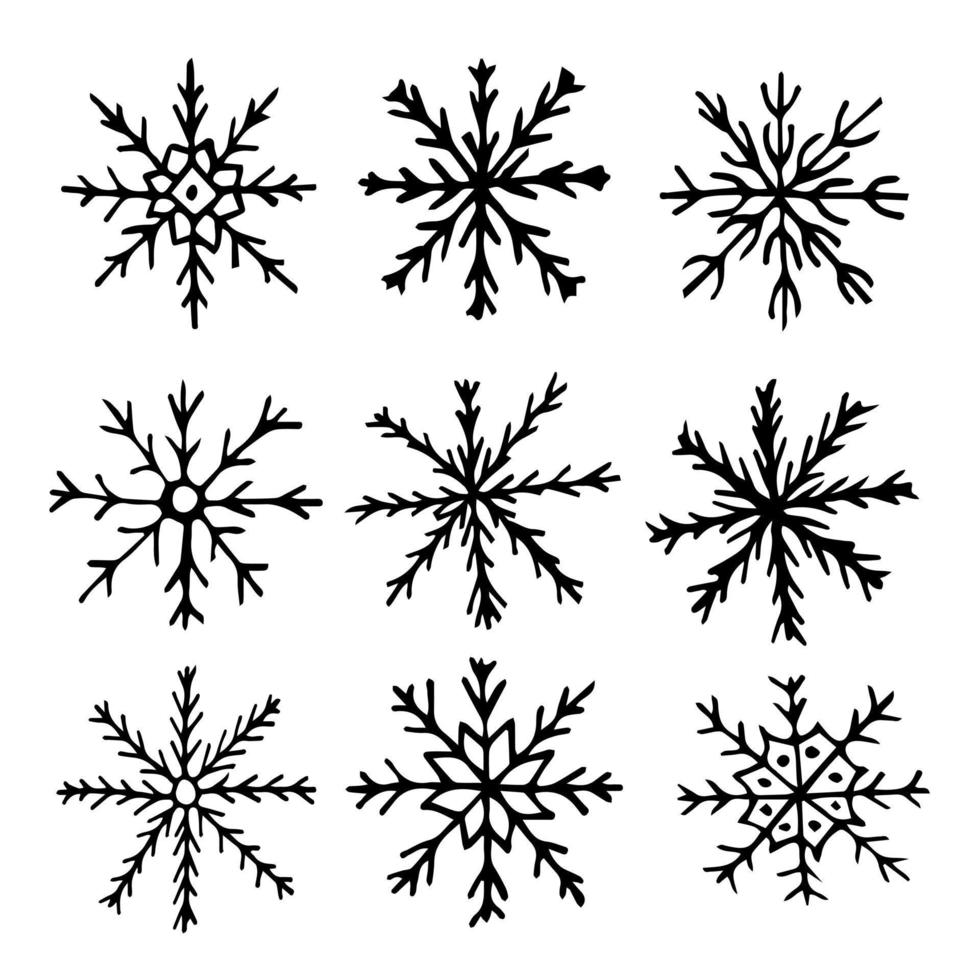 conjunto de copos de nieve de vector grande. imágenes prediseñadas de Navidad aislado sobre fondo blanco. copos de nieve de hielo dibujados a mano.