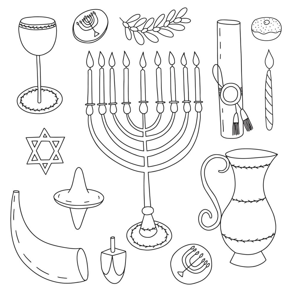 Hanukkah design elements doodle set. Menorah, candles, dreidel, coins, oil pitcher,  sufganiyan and Jewish star vector illustration