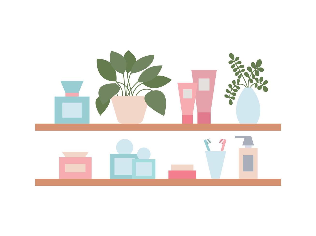 Vector shelves with bathroom tools illustration. Bathroom shelf with toilet tools and flowers