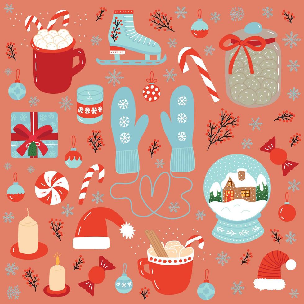 Christmas set with winter stickers. Flat vector Christmas objects set. Snowy mittens, retro ice skates, hot chocolate cup with marshmallows, candles, snow ball, Santa hats and ginger cookies