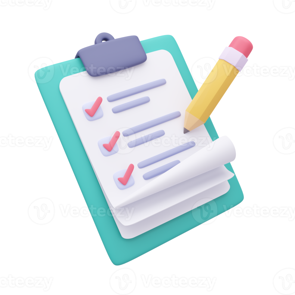 3D report paper clipboard. Note paper for checklist notes. 3D illustration. png