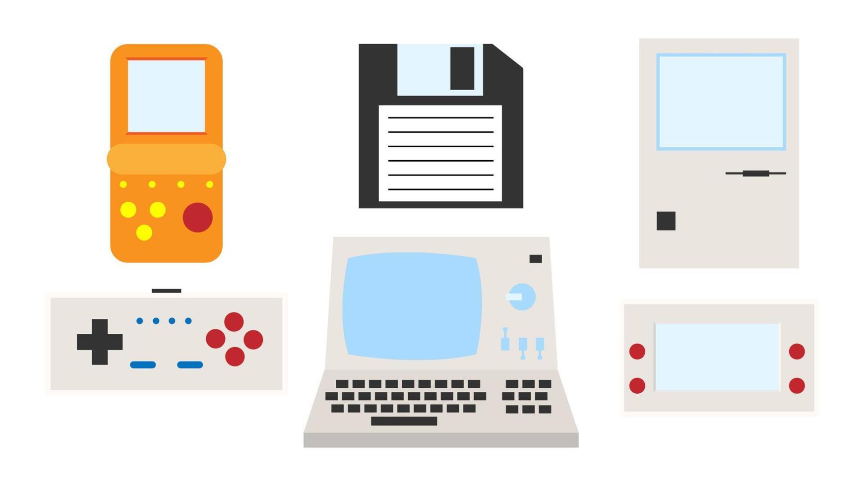 Set of old retro vintage hipster technology electronics computer, pc, floppy floppy disk, game portable video game consoles from 70s, 80s, 90s. Vector illustration