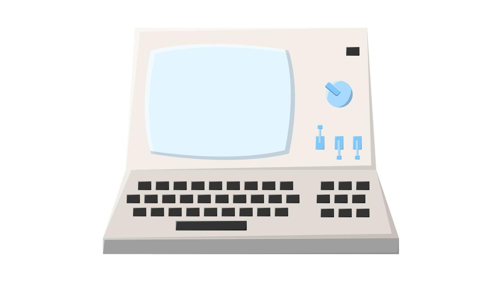 vieja computadora retro vintage hipster, pc con monitor y teclado de los años 70, 80, 90. hermoso icono blanco. ilustración vectorial vector