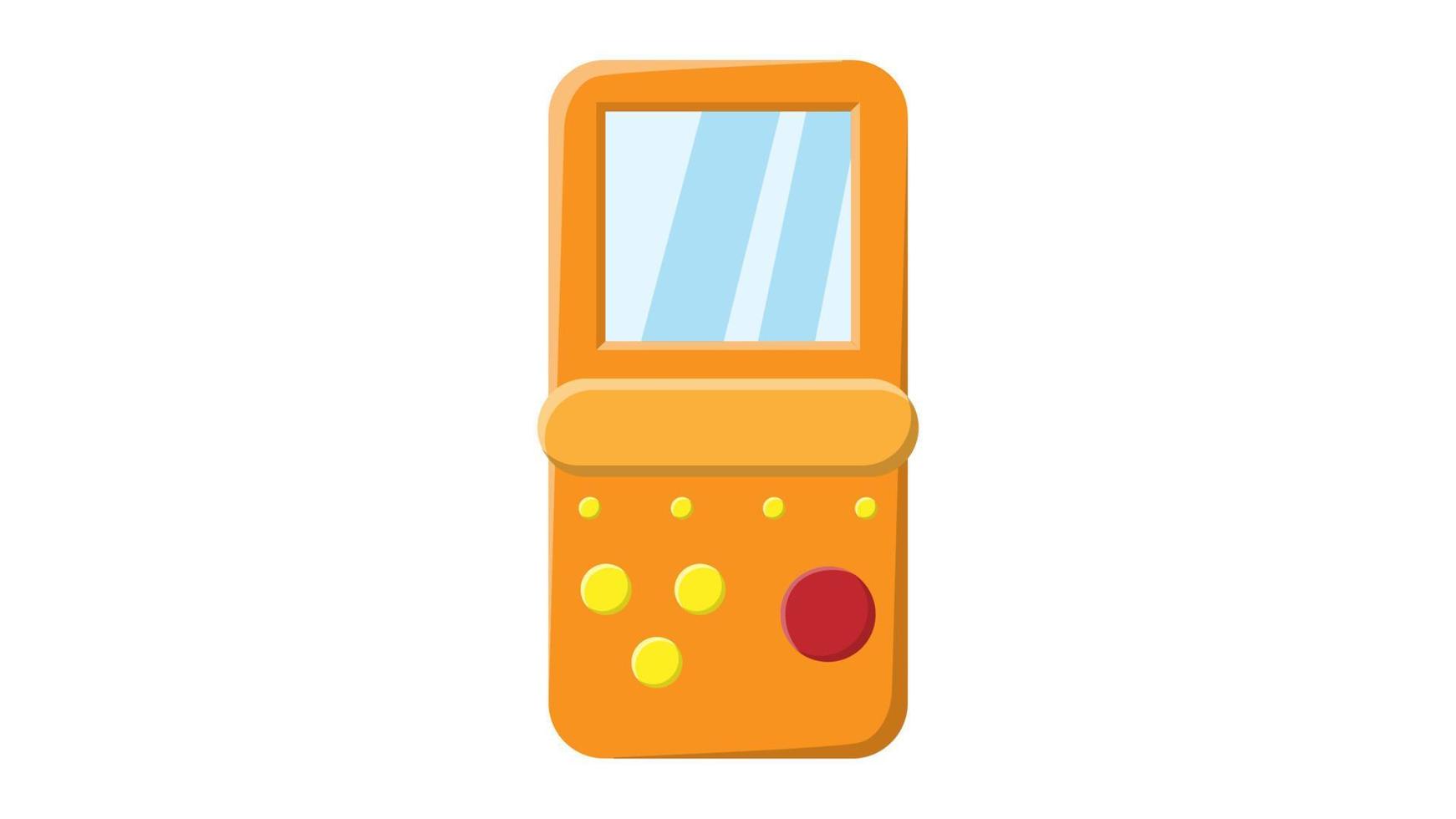 Old retro vintage hipster handheld game console with screen and buttons, tetris from 70s, 80s, 90s. Yellow icon. Vector illustration