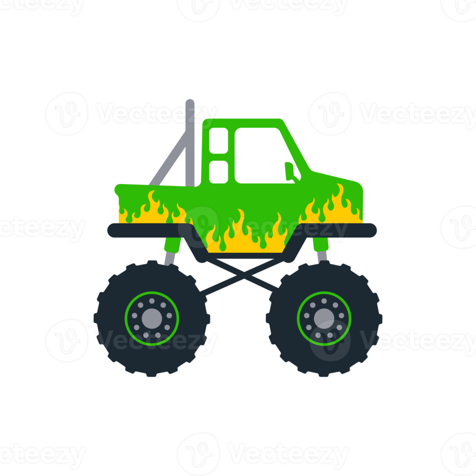 Reihe von Monstertrucks. Pickup-Truck mit großen Rädern Cartoon-Autodesign-Ideen für Jungen. png