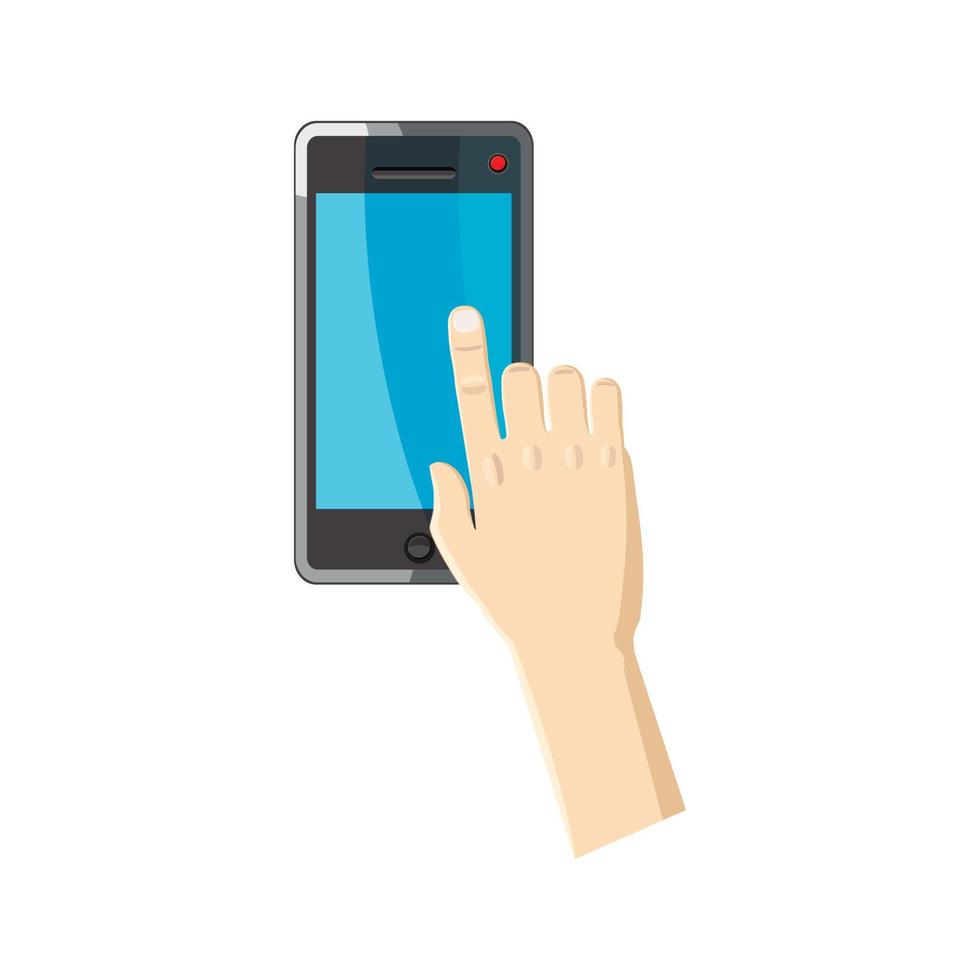 Hand pointing on smartphone icon, cartoon style vector