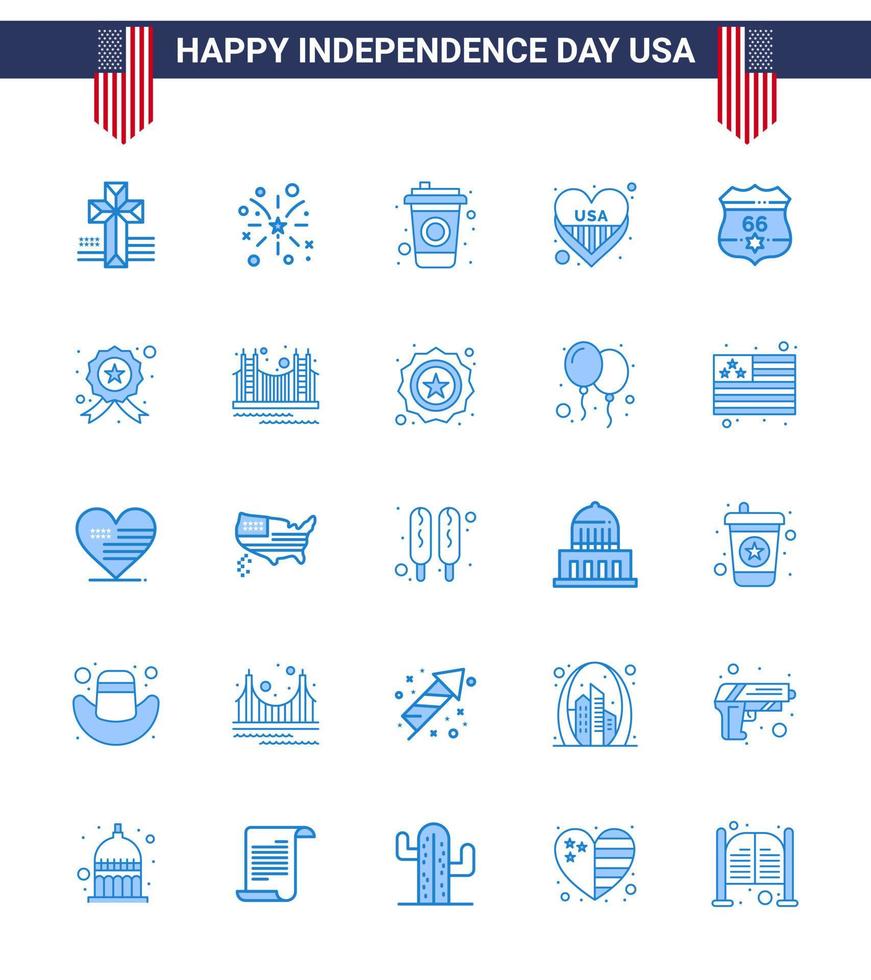 Modern Set of 25 Blues and symbols on USA Independence Day such as security shield cola american love Editable USA Day Vector Design Elements