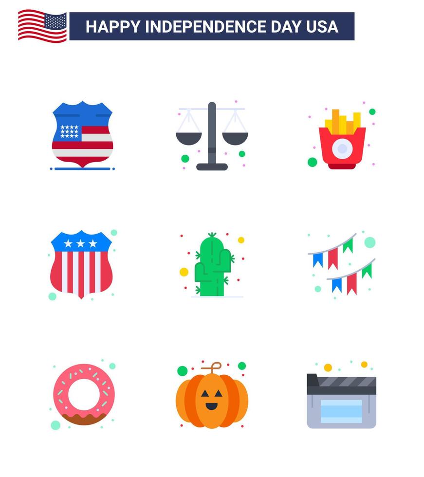 conjunto moderno de 9 pisos y símbolos en el día de la independencia de estados unidos, como la placa de policía de cactus de planta rápida de estados unidos, elementos de diseño vectorial editables del día de estados unidos vector