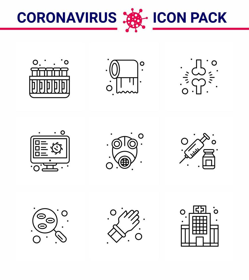 Covid19 Protection CoronaVirus Pendamic 9 Line icon set such as record scan bone screening patient viral coronavirus 2019nov disease Vector Design Elements