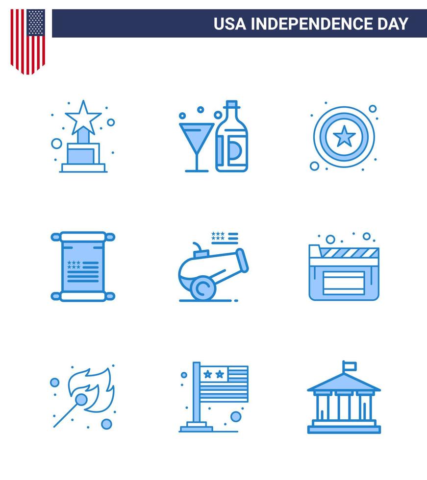 Happy Independence Day Pack of 9 Blues Signs and Symbols for howitzer big gun police usa text Editable USA Day Vector Design Elements