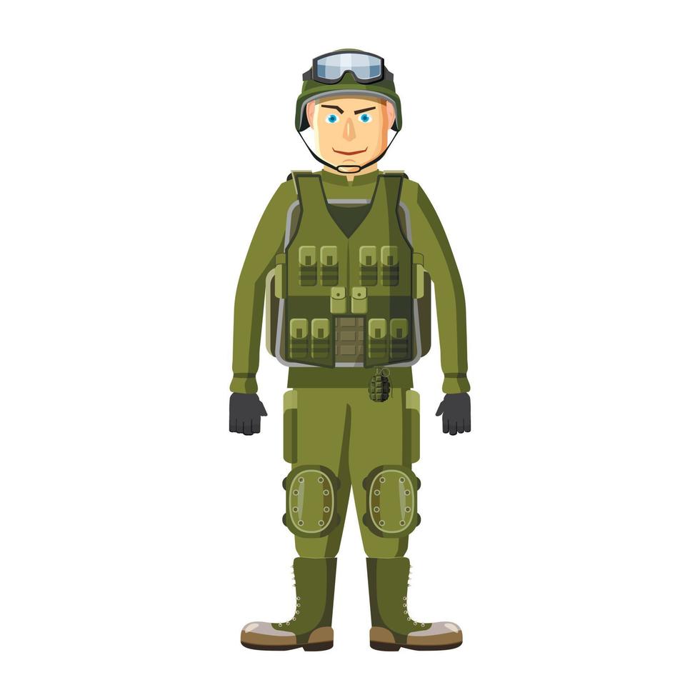 Soldier in body armor icon, cartoon style vector