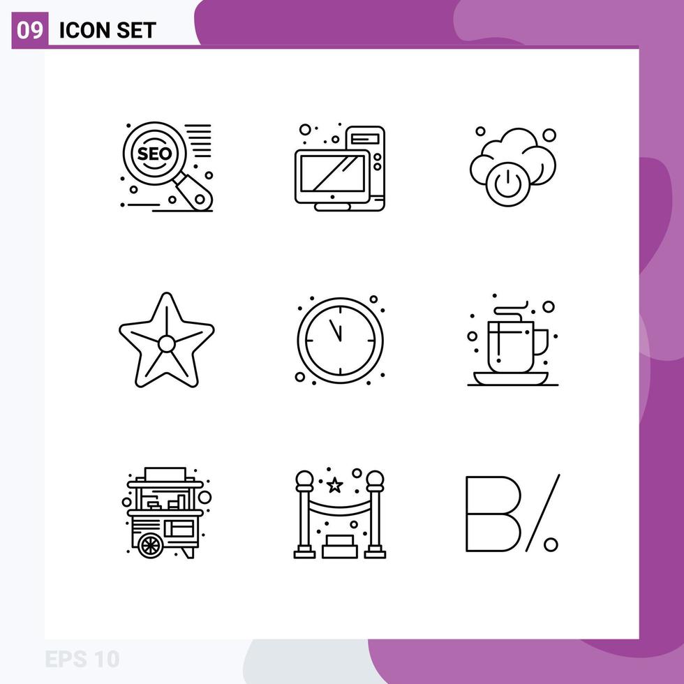 Universal Icon Symbols Group of 9 Modern Outlines of coffee countdown power clock star Editable Vector Design Elements