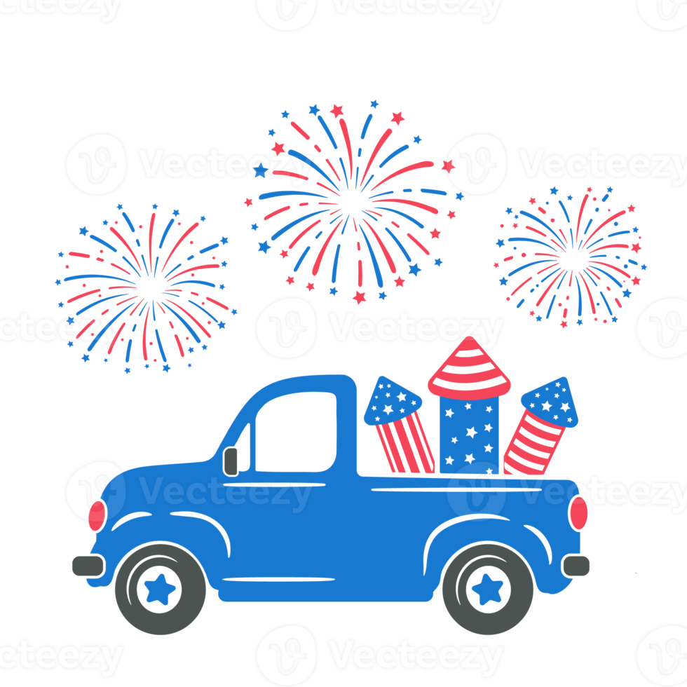 4 de julho. um caminhão carregando foguetes para disparar fogos de artifício da bandeira americana no dia da independência. png