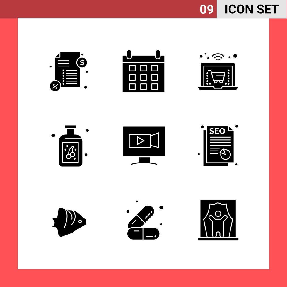 9 Icon Pack Solid Style Glyph Symbols on White Background Simple Signs for general designing vector