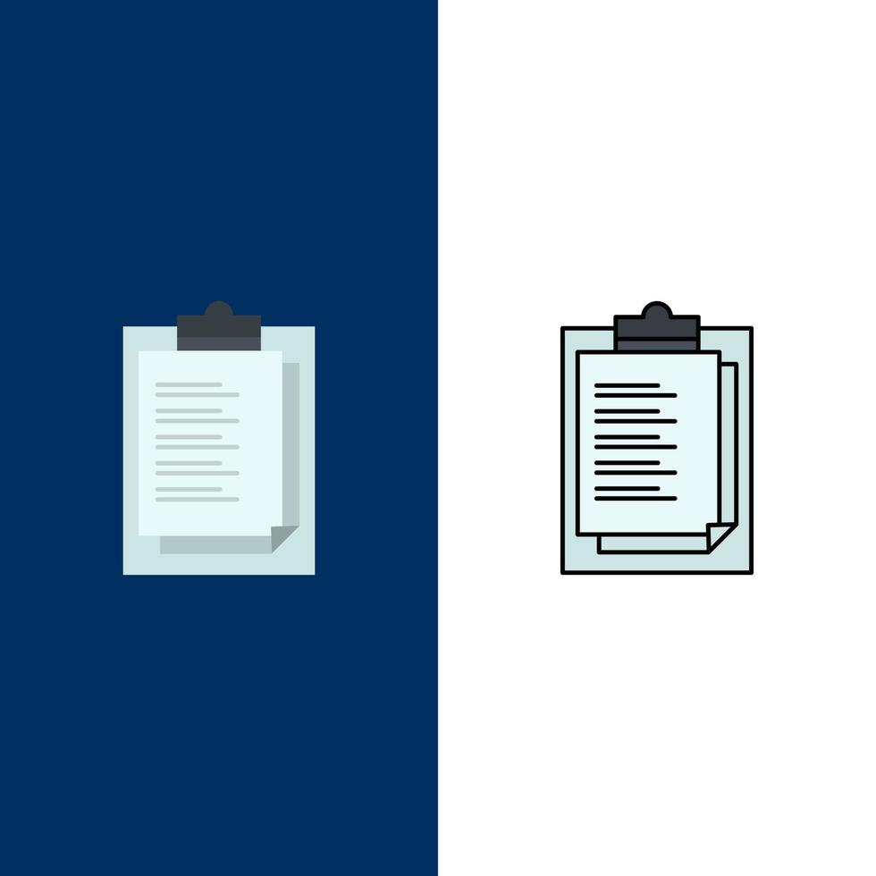 bloc de notas resultado de la tarjeta de informe iconos de presentación planos y llenos de línea conjunto de iconos vector fondo azul