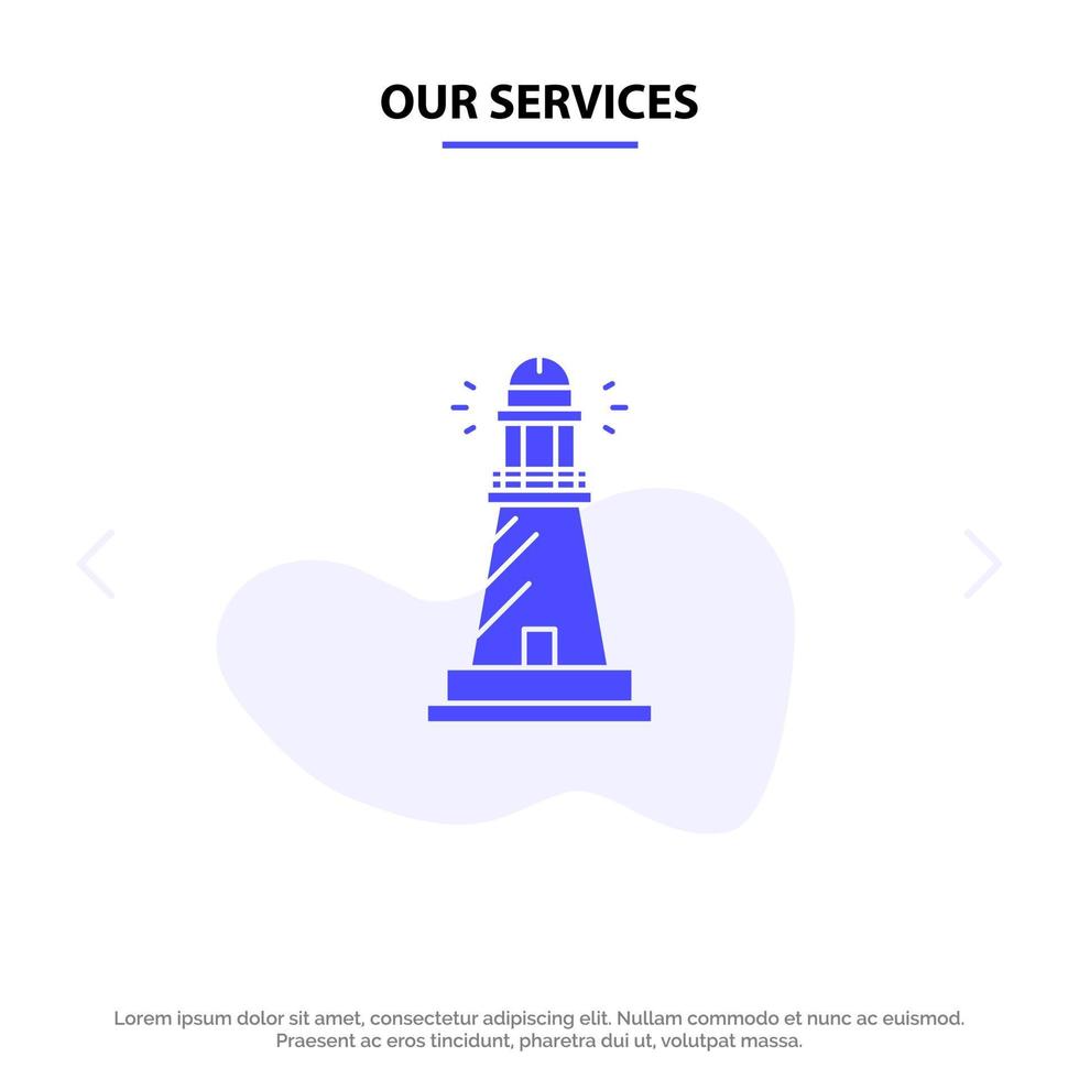 Our Services Lighthouse House Light Beach Ocean Solid Glyph Icon Web card Template vector