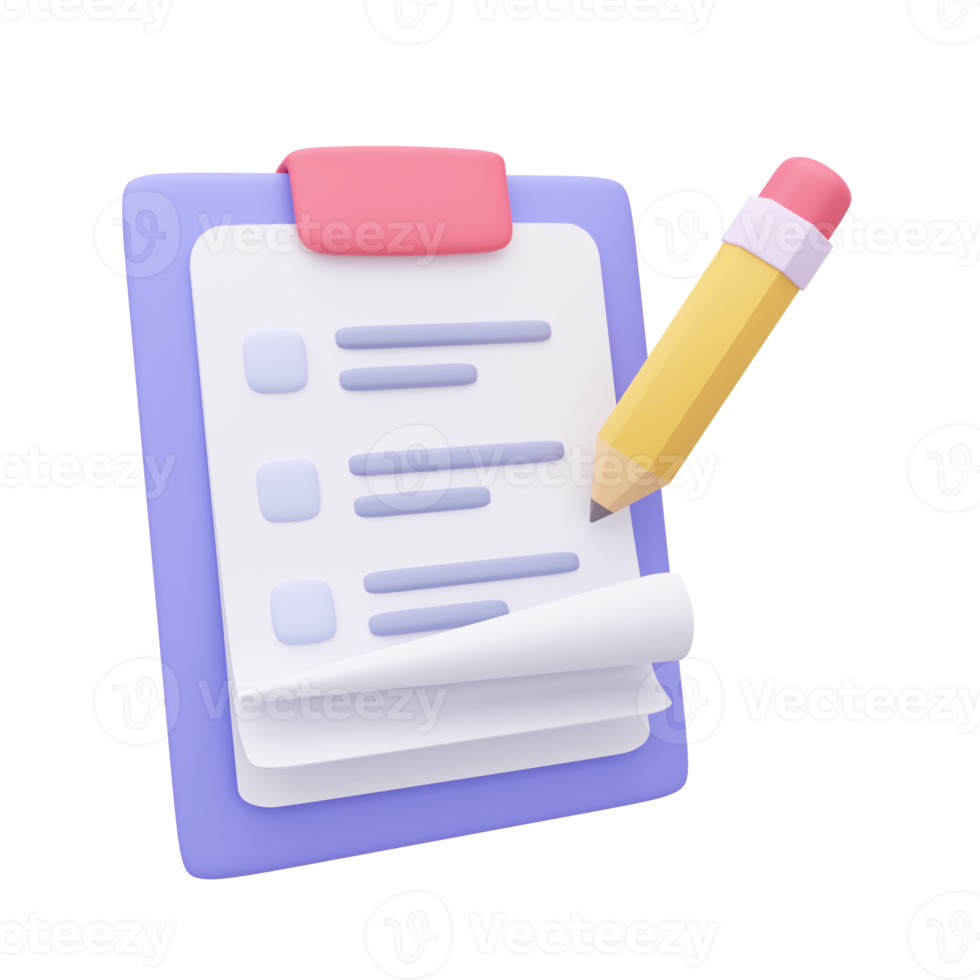 3D report paper clipboard. Note paper for checklist notes. 3D illustration. png