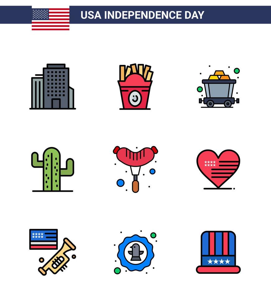 Happy Independence Day USA Pack of 9 Creative Flat Filled Lines of heart frankfurter mine food plent Editable USA Day Vector Design Elements