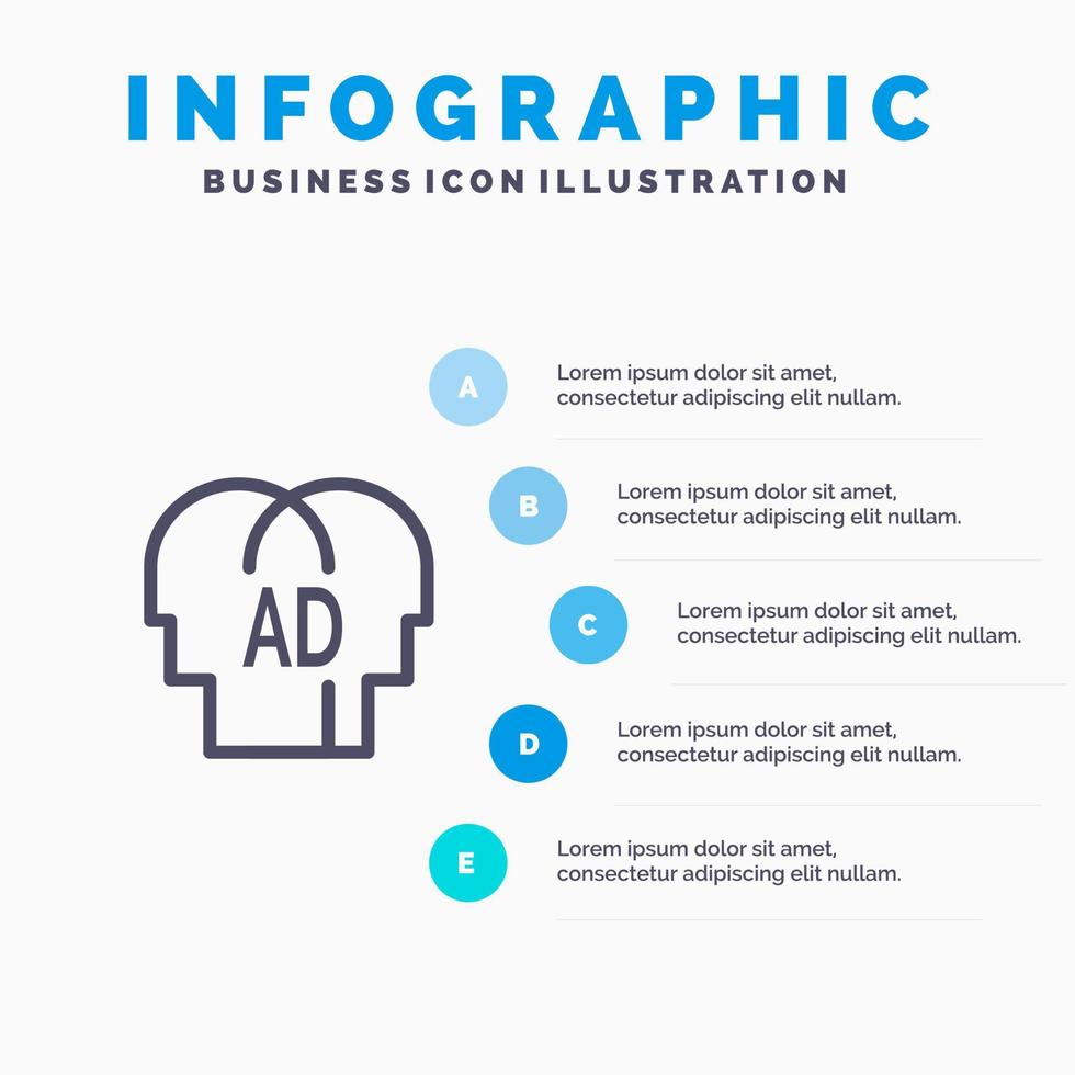 conocimiento elemental abc brian icono de línea con fondo de infografía de presentación de 5 pasos vector