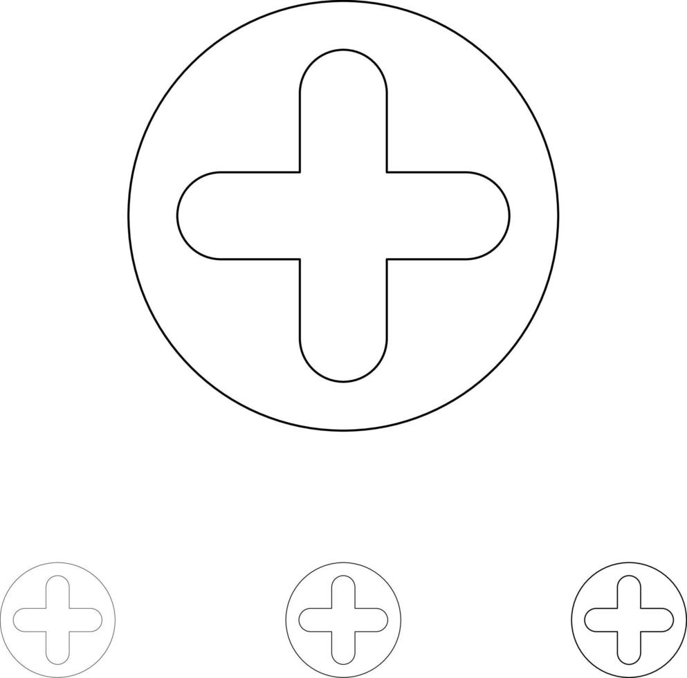 conjunto de iconos de línea negra delgada y audaz médica de hospital de signo más vector